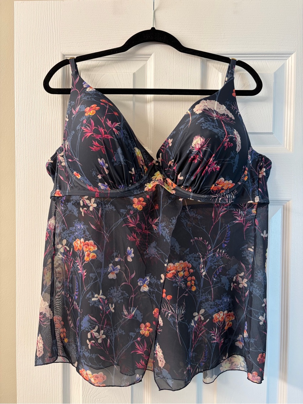 Floral Navy Mesh Swim Chemise with Built-In Cups